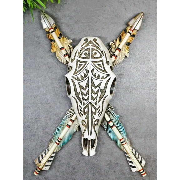 Southwestern Indian Tribal Tooled Tattoo Cow Skull And Crossed Arrows Wall Decor