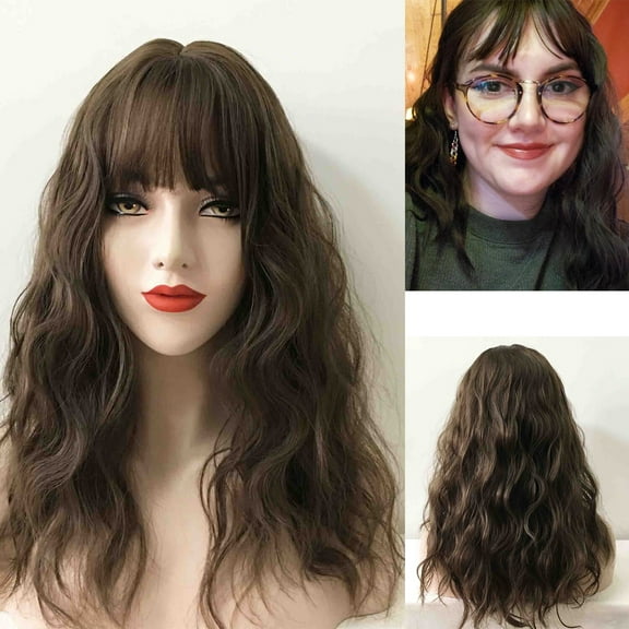 DOPI Dark Brown Wig with Fringe Bangs for Women, Heat Resistant Long Curly Choppy Wig, Best Wigs for Daily, Party