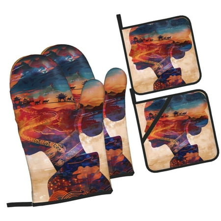 

Honeii Cultural Silhouette Journey Pattern Oven Mitts and Pot Holders Silicone Oven Gloves 500 F Heat Resistant Oven Mitts Sets 4PCS