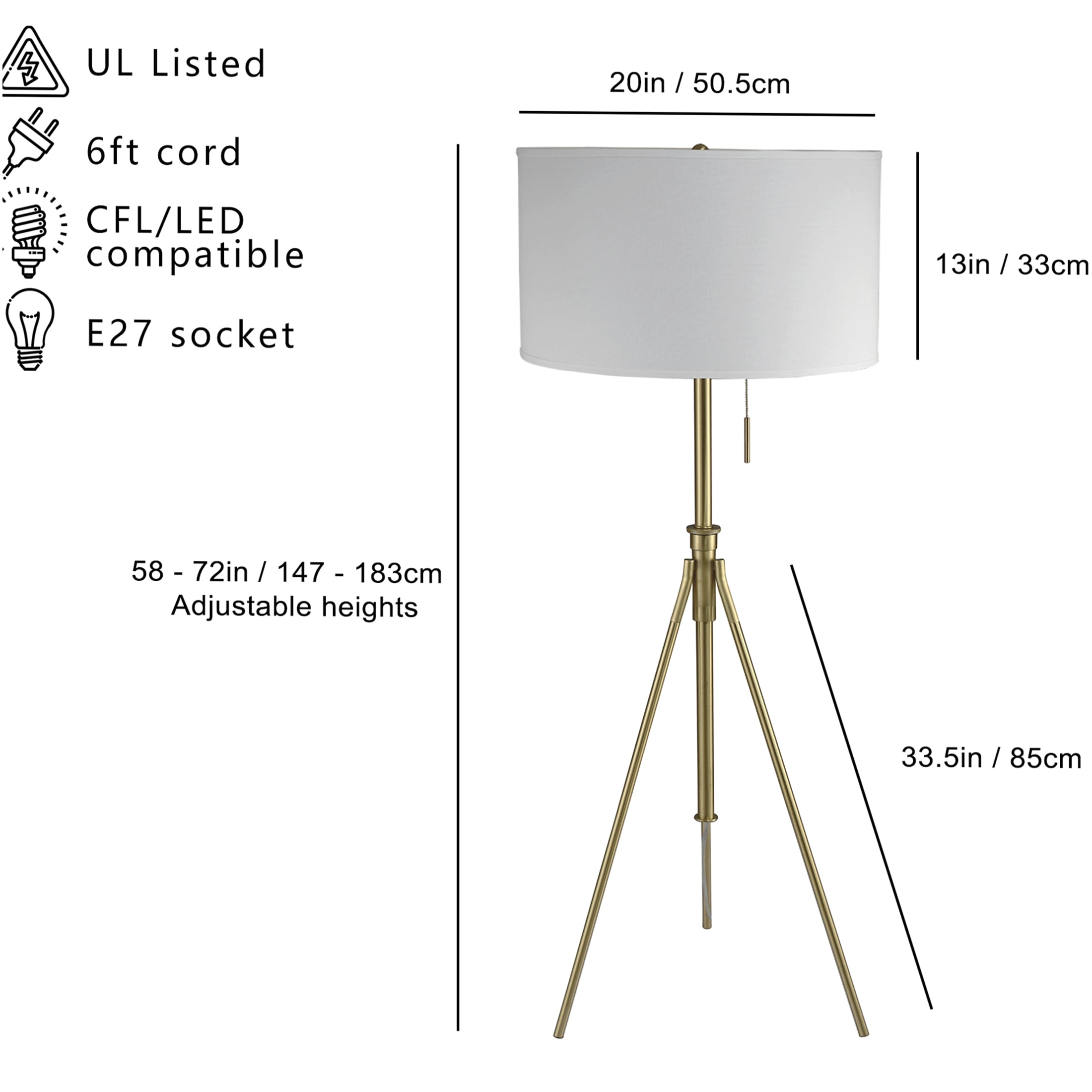 JERFIT Adjustable Tripod Floor Lamp with Drum Shade, Modern Reading Light for Living Room, Brushed Nickel Finish