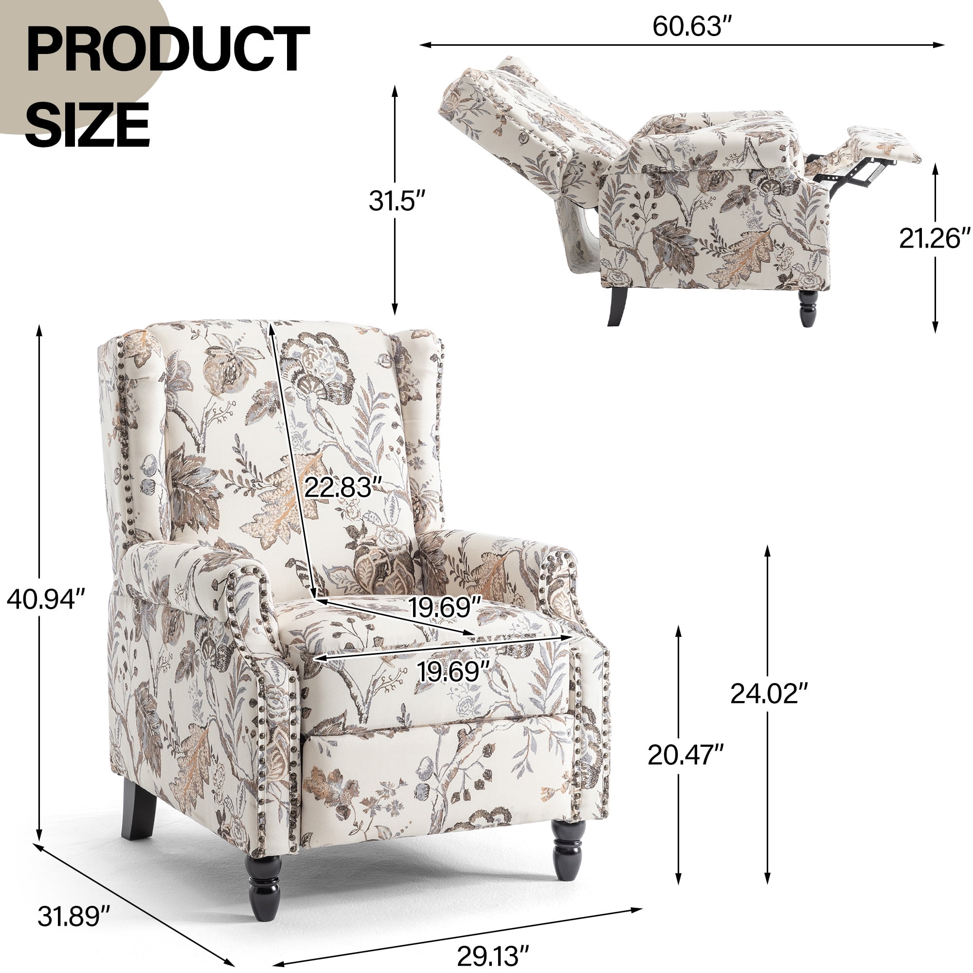 DREAMSIDEA Push Back Recliner Chair Set of 2 Living Room, Wingback Reclining Sofa Chair, Fabric Floral Recliner Reading Chair with Footrest for Living Room/Office/Apartment, Beige Plants