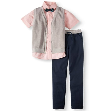 Wonder Nation Dressy Set with Striped Knit Vest, Coral Slub Short Sleeve Shirt, Bow Tie, and Twill Pull-On Pants, 4-Piece Outfit Set (Little Boys & Big Boys)