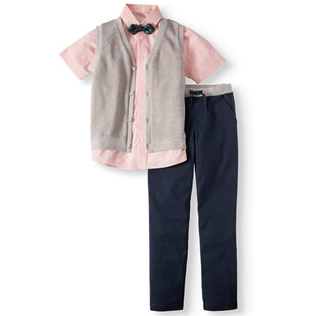 - Wonder Nation Dressy Set with Striped Knit Vest, Coral Slub Short Sleeve Shirt, Bow Tie, and Twill Pull-On Pants, 4-Piece Outfit Set (Little Boys & Big Boys)