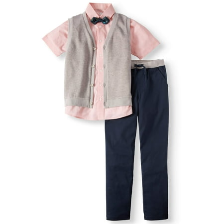 Wonder Nation Dressy Set with Striped Knit Vest, Coral Slub Short Sleeve Shirt, Bow Tie, and Twill Pull-On Pants, 4-Piece Outfit Set (Little Boys & Big