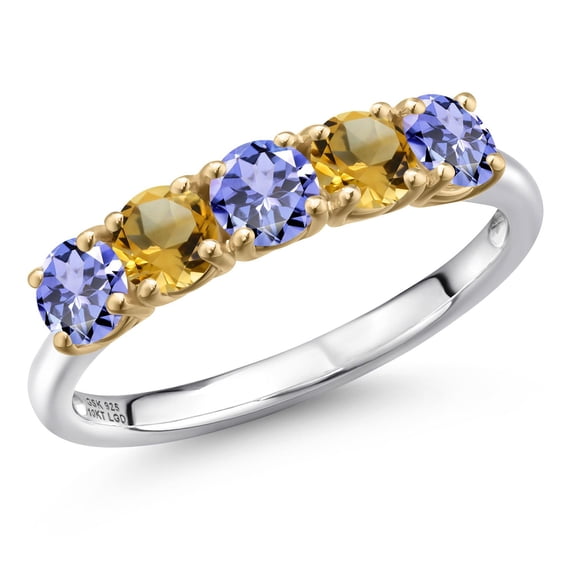 Gem Stone King 925 Silver and 10K Yellow Gold Blue Tanzanite and Yellow Citrine Wedding-Bands Ring for Women | 1.41 Cttw | Round 4MM | Gemstone December Birthstone | Size 9