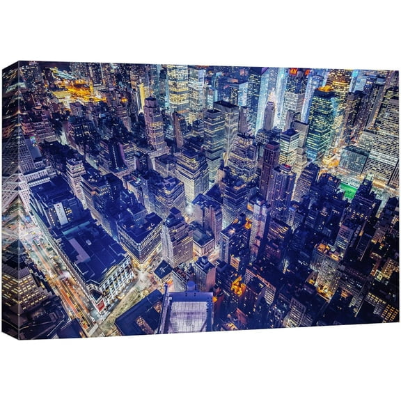 Wall26 Canvas Print Wall Art Aerial Midnight City View Cityscape Print Skyline Downtown Buildings Photography Art Realism Decor Panoramic Multicolor Landscape Scenic Modern Art for Room - 12" x 18"