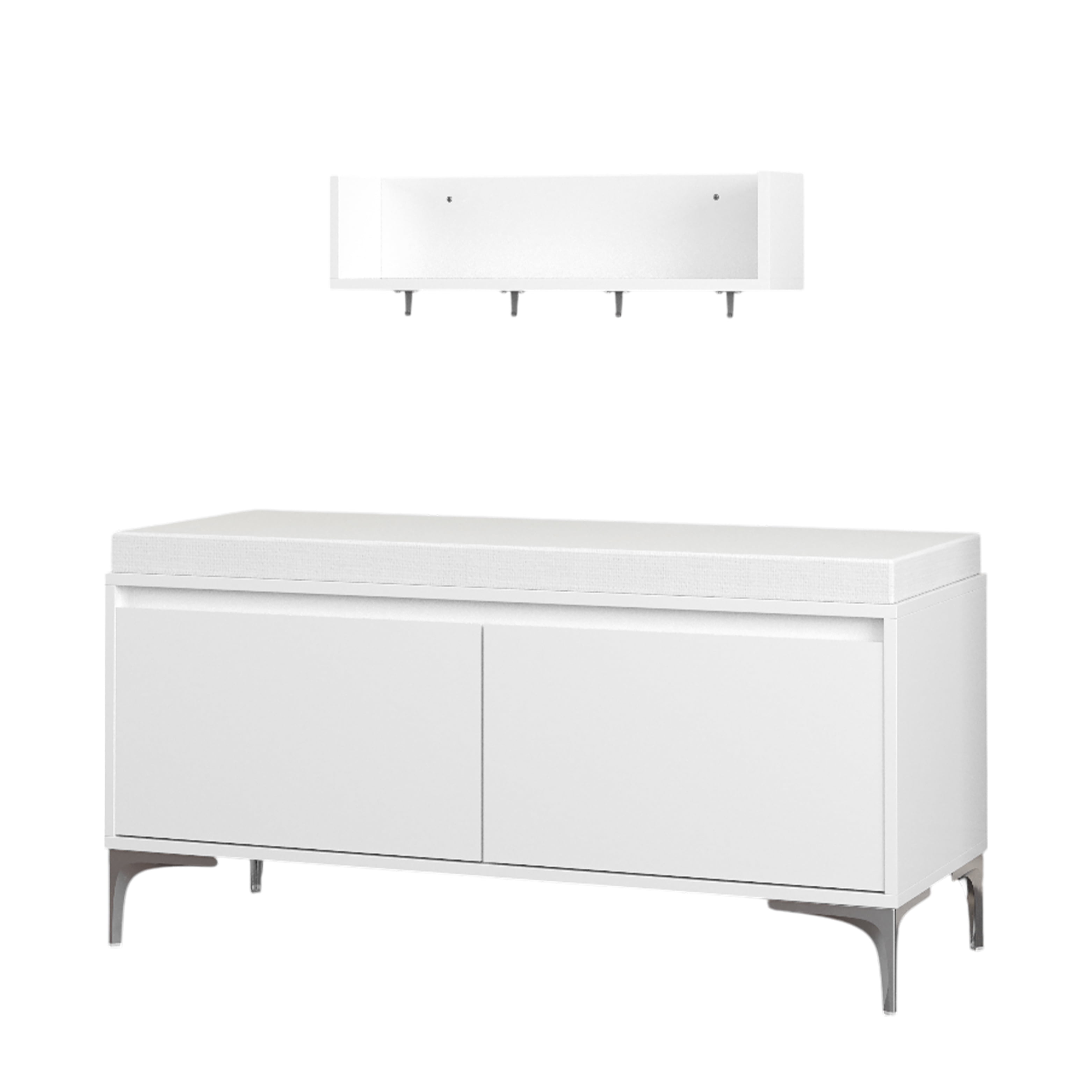 Wall-Mounted Entryway Shelf with Hooks and Storage Bench Set, Off White Metal & Wood Shoe Cabinet with Cushion