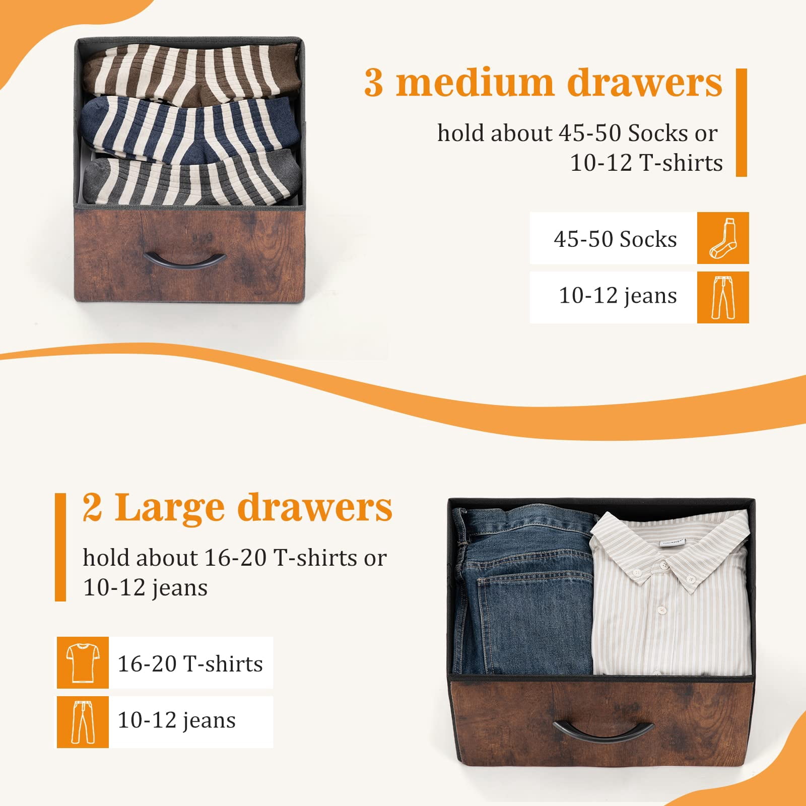 CONCETTA Dresser for Bedroom, 5 Fabric Drawers Dresser, Clothes Cabinet Storage Organizers and Wood Top Surface Table for TV, Chest of Drawers for Living Room, Hallway