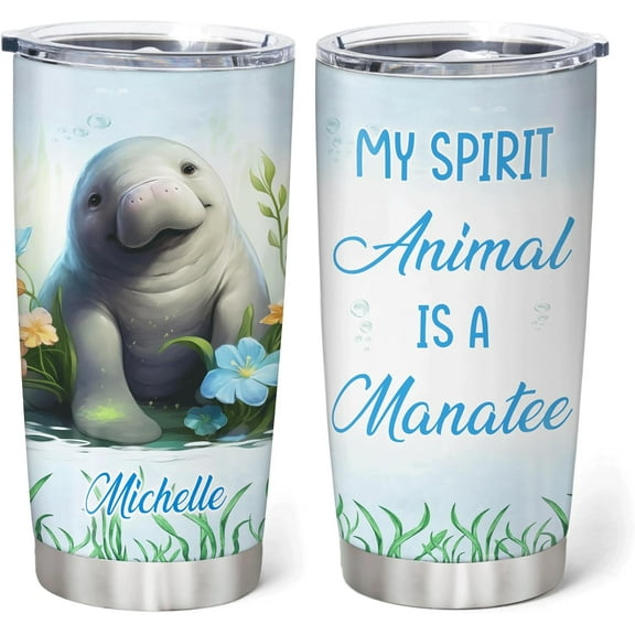 Personalized Gifts Manatee Lover - My Spirit Animal Is A Manatee Custom Name Stainless Steel Tumbler 20 oz With Lid - Idea Cute Sea Animal Lover Gifts For Women, Girl On Birthday, Christmas