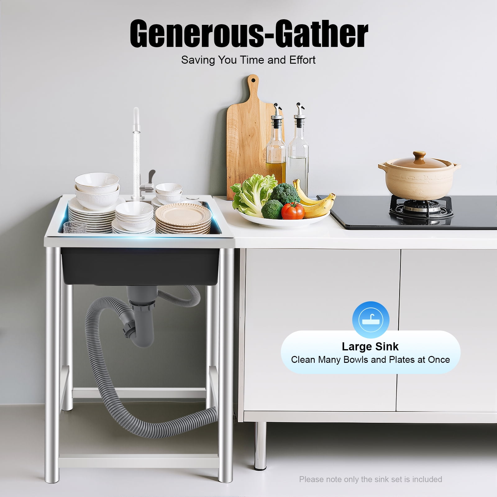 Peakora Stainless Steel Kitchen Utility Sink with Faucet Free Standing Outdoor Utility Sink Large Capacity Single Bowl Commercial Sink Easy to Clean for Multi-use