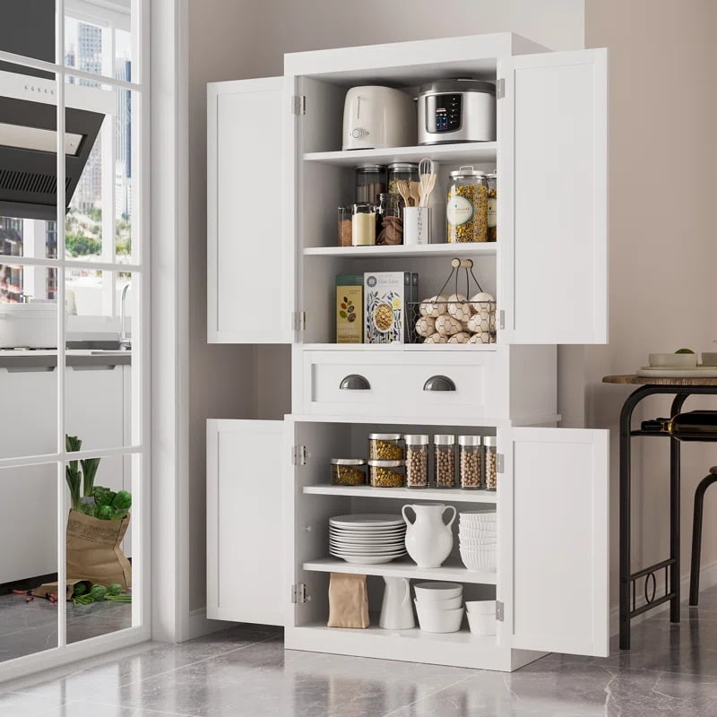 Lacoo 72'' Tall Pantry Cabinet with 4 Doors, Adjustable Shelves & Large Drawer, Storage Cabinet for Kitchen, Dinging Room, Living Room, White