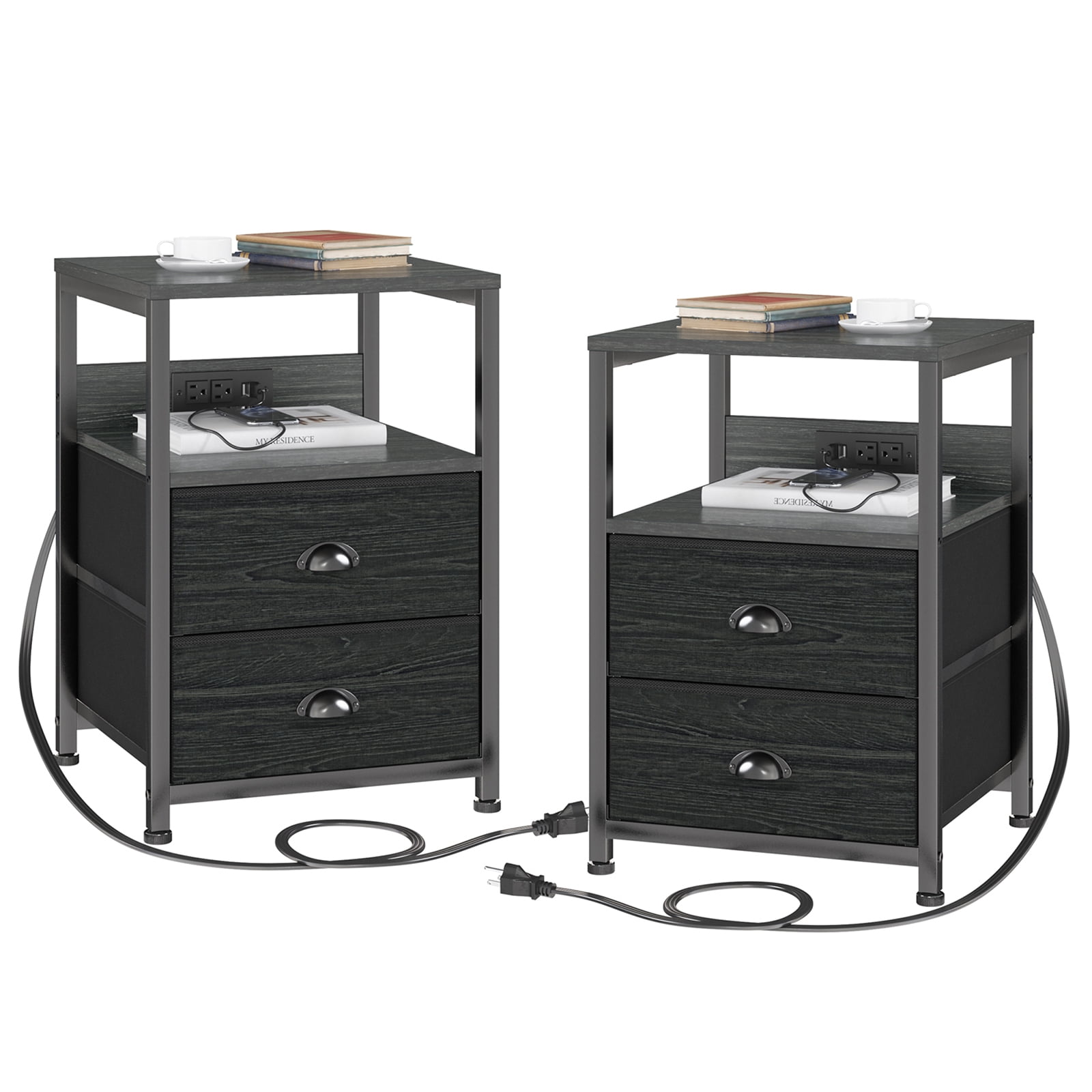 Furologee Set of 2 Nightstands, End Table with Charging Station, Bedside Tables with 2 Fabric