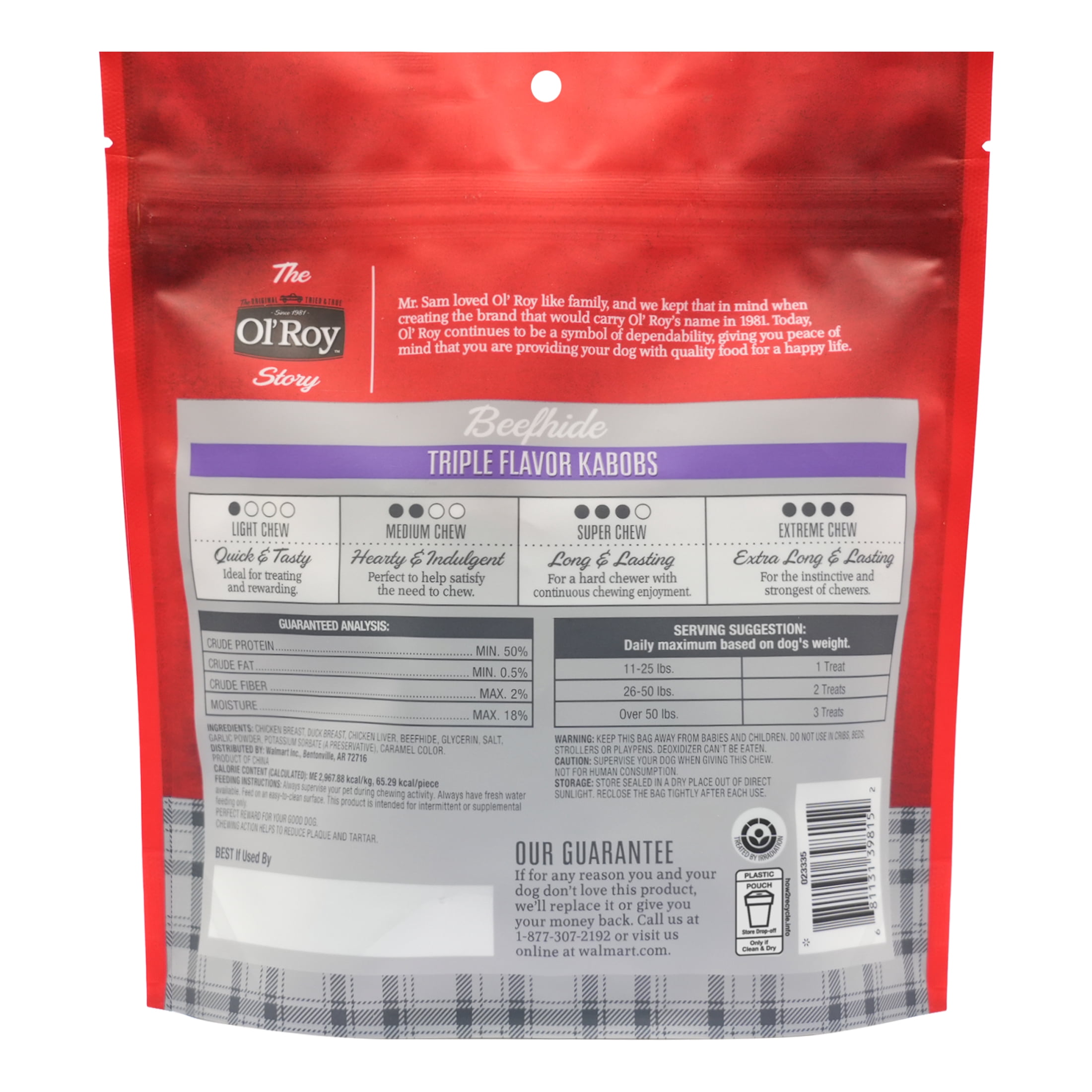 (3 pack) Ol' Roy Beef hide Triple Flavor Kabobs Dry Dog Chews, 12 oz