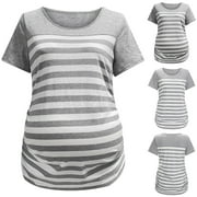 DAETIROS Breathable Loose Stripe Patchwork Side Ruched Leisure Comfy Silky Short Sleeve Pregnant Women T Shirts Gray