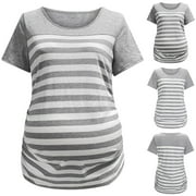 Heliisoer Maternity Round Neck Stripe Lace Patchwork Ruched Blouse Tops T-Shirt