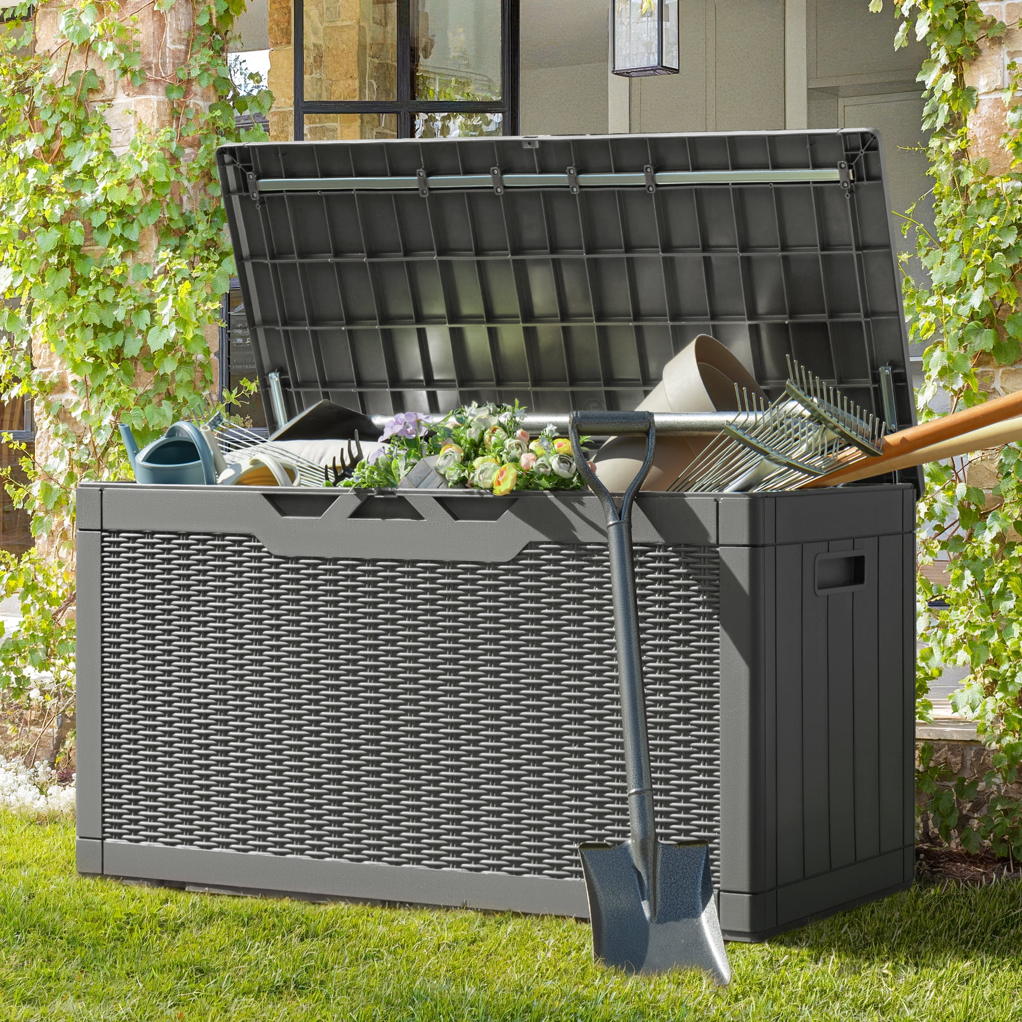 Vineego 100 Gallon Resin Deck Box,Indoor Outdoor Lockable Storage Containe,Upgraded,Gray