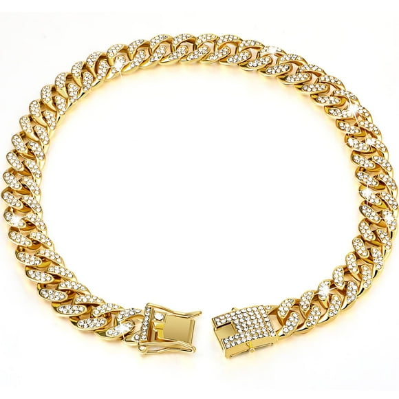 Tallew Gold Dog Chain Diamond Collar Walking Metal Chain Necklace with Secure Buckle Pet Cuban Style Collar Jewelry Accessories for Small Medium Large Dog Cats(8 Inch)
