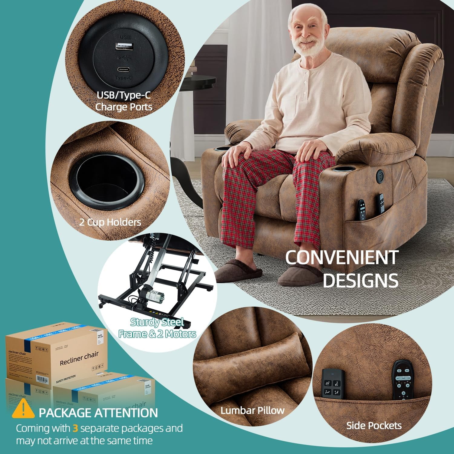 MEETWARM Oversized Dual Motor Lay Flat Power Lift Recliner Chair for Big Elderly with Heat Massage, Large Sleeping Electric Recliner with Extended Footrest, Lumbar Pillow, USB & Type-C Ports, Brown