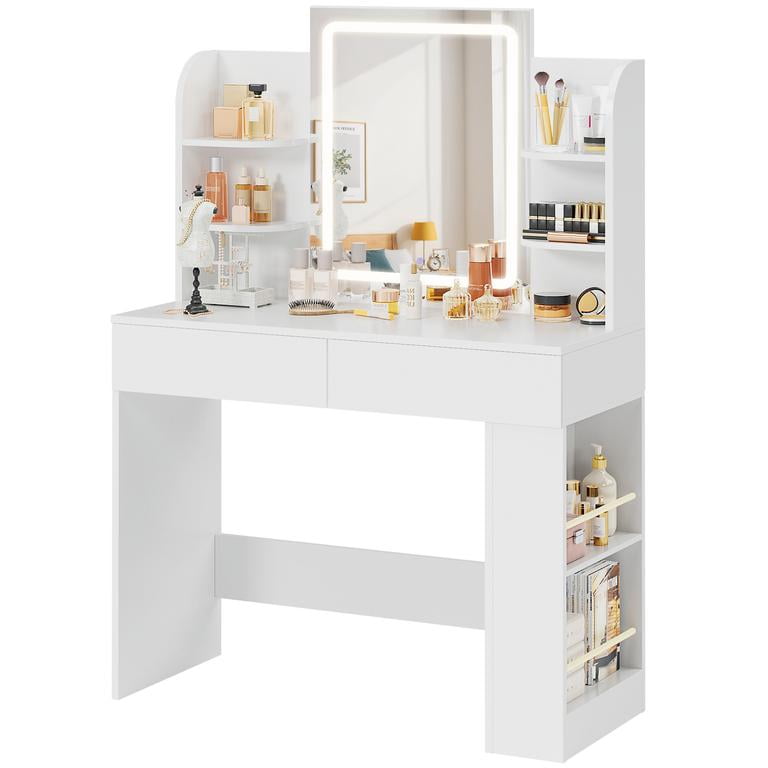 Lacoo Vanity Set with Mirror, Makeup Vanity with LED Light, Storage Drawers & Shelves, Vanity Desk for Bedroom Dressing Room, White