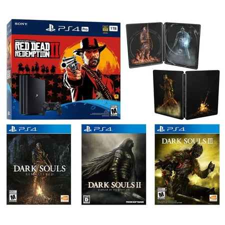PlayStation 4 Dark Souls Trilogy Red Dead Bonus Bundle: Dark Souls Remastered, Dark Souls II, Dark Souls III, Exclusive Steel Book, PlayStation 4 Pro CUH-7215B 1TB Console -