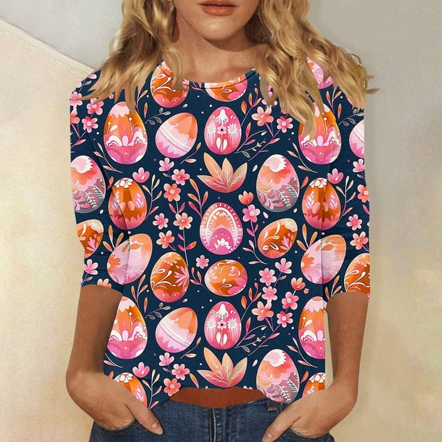 Jinhomg Chemises Mignonnes pour Femmes pour les Fêtes 2025 Jour de Pâques Œufs Colorés T-Shirts Graphiques Grande Taille Confortables Manches 3/4 Col Rond Tuniques Soldes Multicolore P