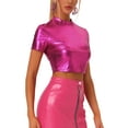thumbnail image 4 of INSPIRE CHIC Women's Mock Neck Party Short Sleeve Metallic Crop Tops S Hot Pink, 4 of 6