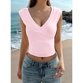 thumbnail image 5 of Women's Y2K V-Neck Wrap Front Cap Sleeve Fitted Cropped Tank Tops Pink L, 5 of 8