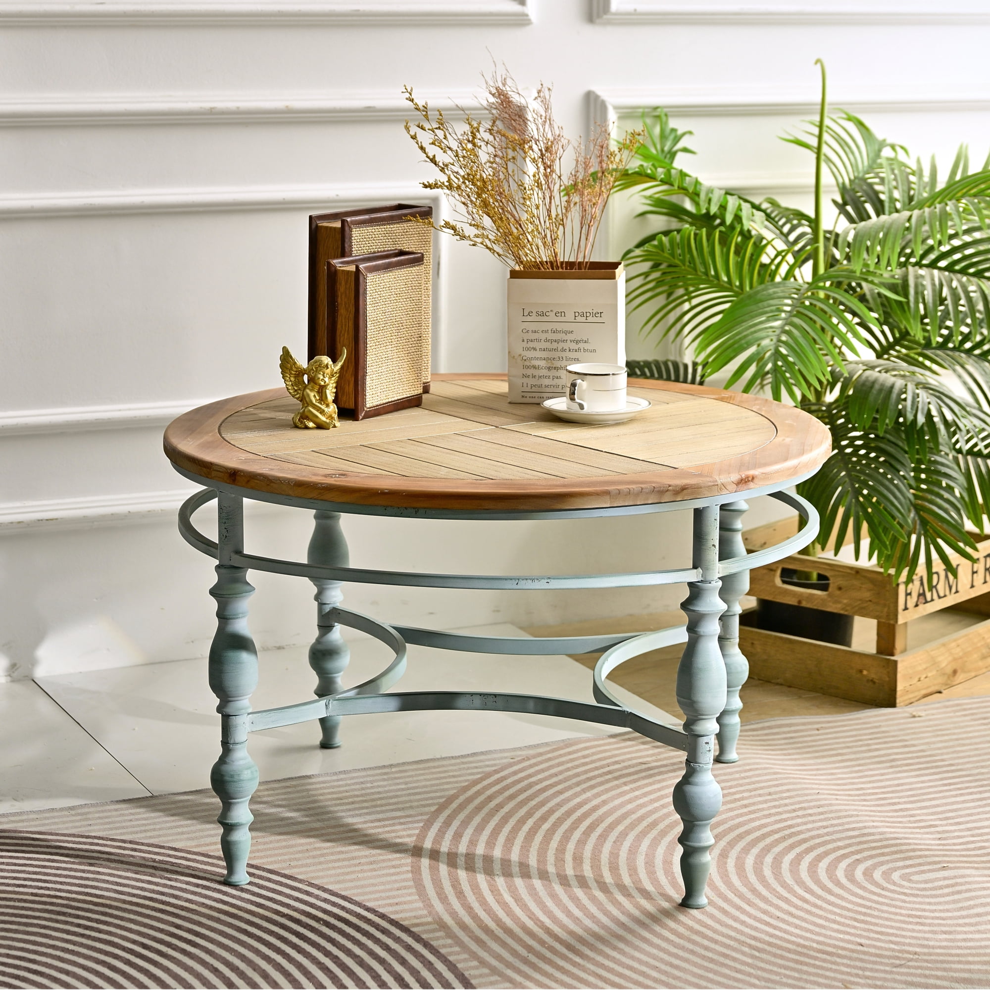 Leumius 31.50" Accent Rustic Carved Coffee Table, Round Wooden Top Metal Leg Round End Table for Living Room