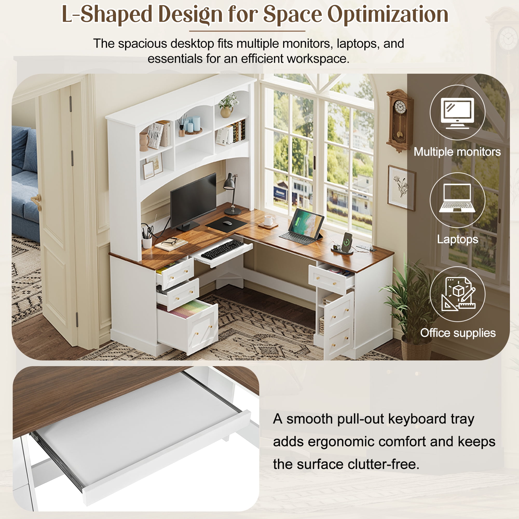 L Shaped Corner Computer Desk,Rustic Home Office Desk with Keyboard Tray & Charging Stations, All-in-One Home Office Desk with Arched Hutch for Bedroom,White
