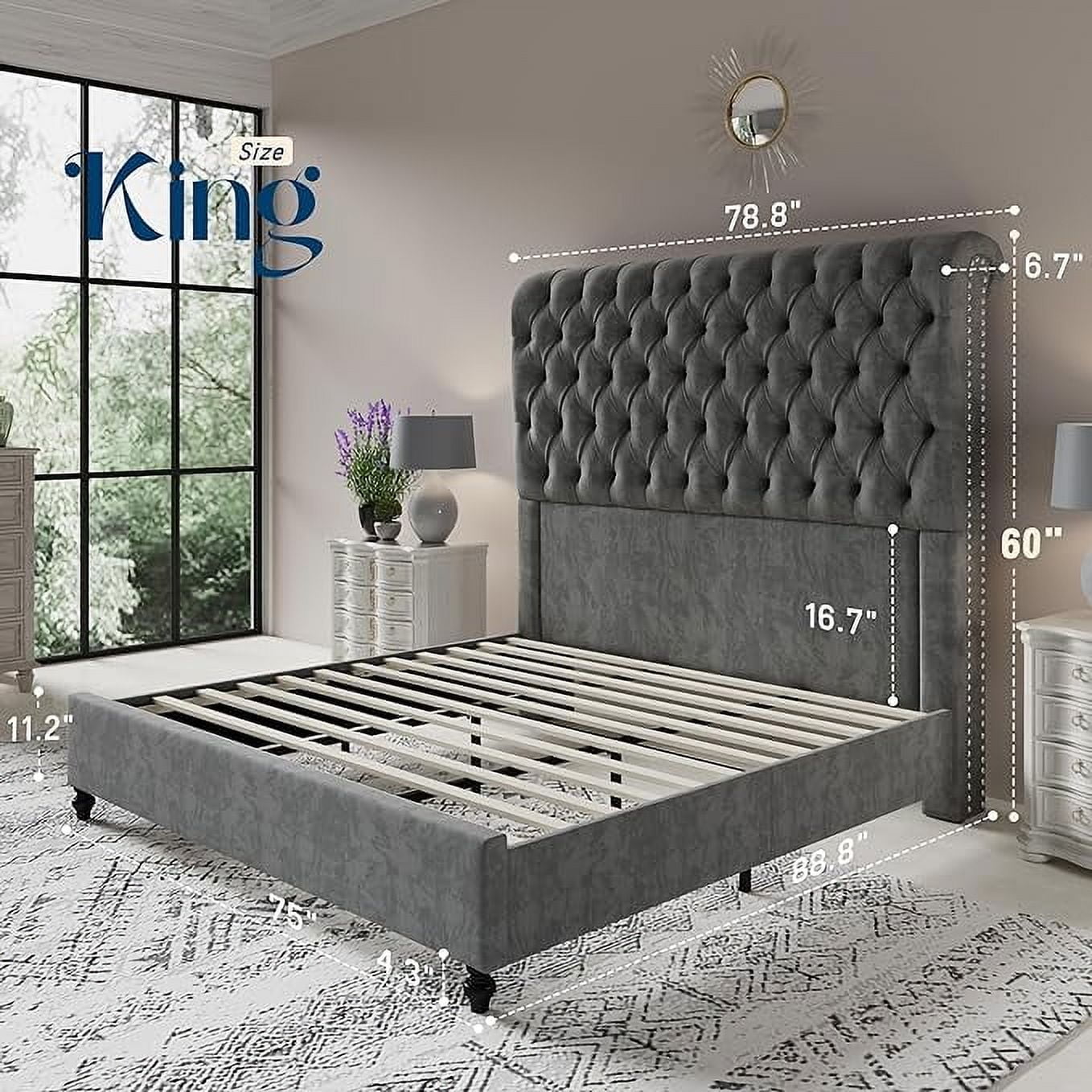 Merluxy King Bed Frame for Adult,60" Sleigh Headbord with Deep Button Tufting,Velvet Light Grey
