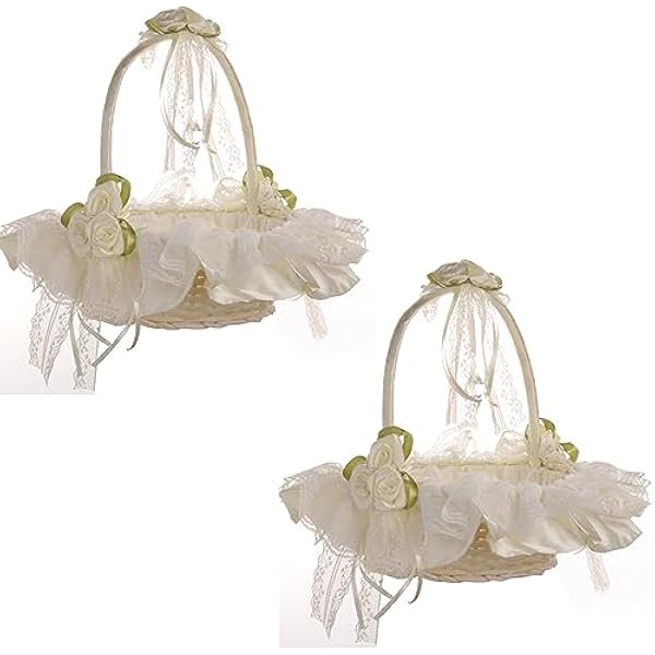wonima44 2Pcs Wedding Flower Girl Basket, Hand-woven Storage Basket with Removable Handle and Rhinestone, Sweet Romantic Petals Basket, Lace Bowknot Bride Basket for Wedding (2 Pcs)