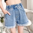 thumbnail image 6 of Tfken Summer Shorts For Girls Solid Color Loose Elastic Waist Denim Shorts With Pockets Fashion Caual Daily Wear Children Comfortable Clothes Blue Size 7-8 Years, 6 of 9