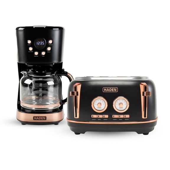 Haden Dorset 4 Slice Wide Slot Toaster & Coffee Maker, Black & Copper