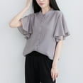 thumbnail image 5 of WREESH Women's Chiffon Button Down Shirt Mandarin Collar Ruffle Sleeve Flowy Summer Blouse, 5 of 8