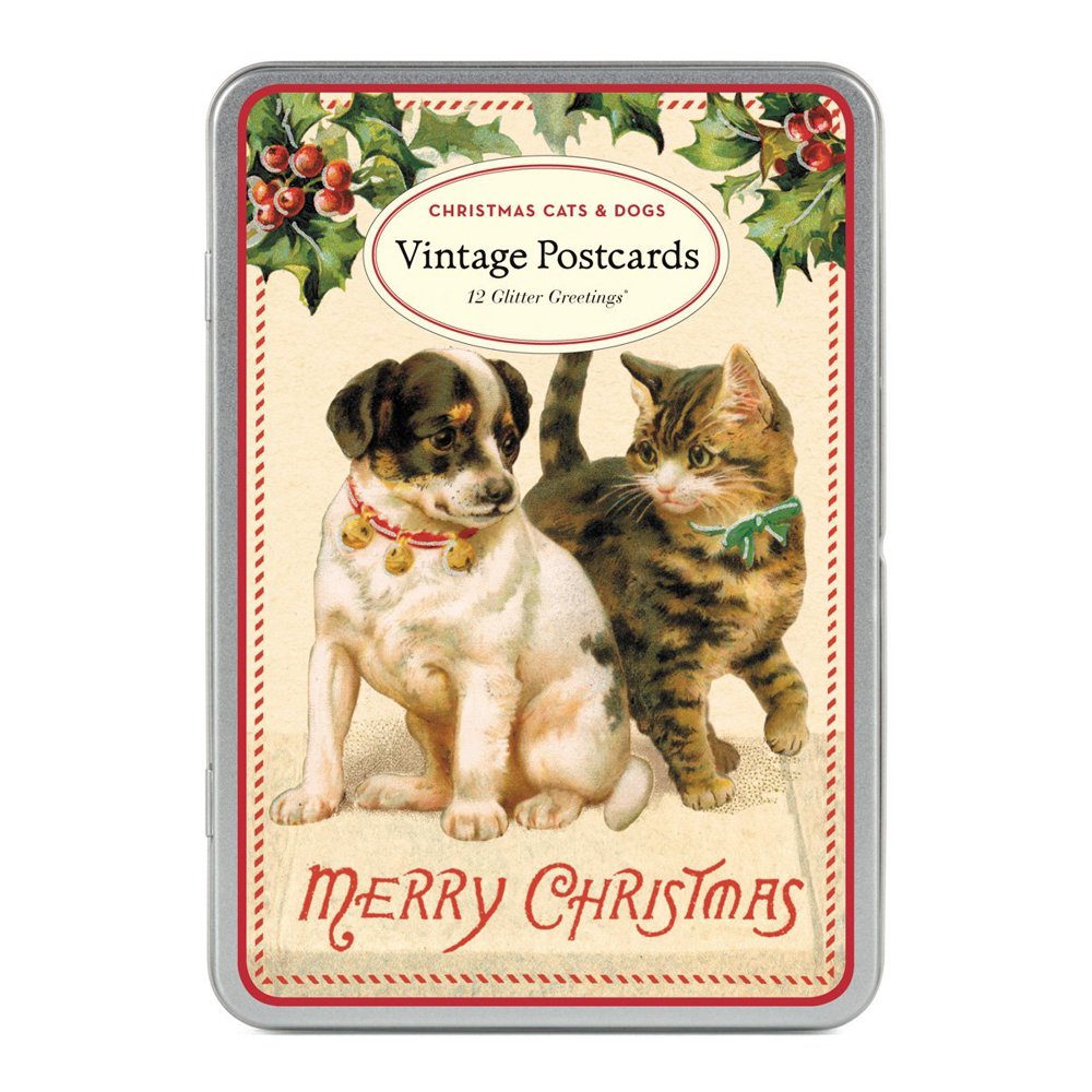 Cavallini Papers Christmas Cats and Dogs Glitter Greetings 12 Assorted Glittered Postcards Per