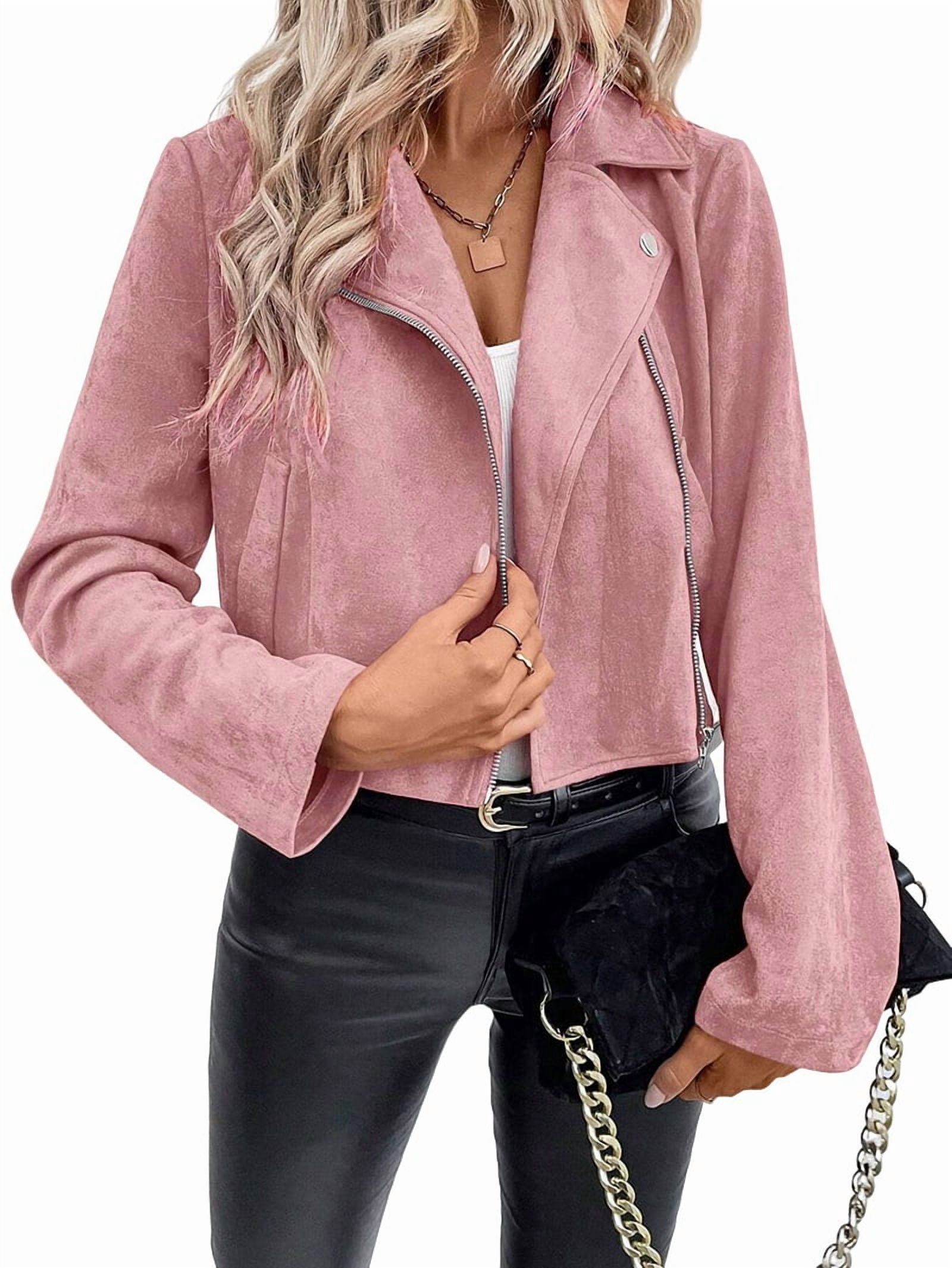 Women'S Cropped Zipper Long Sleeve Suede Faux Leather Blazer Jacket Autumn Fashion Outerwear Pink S