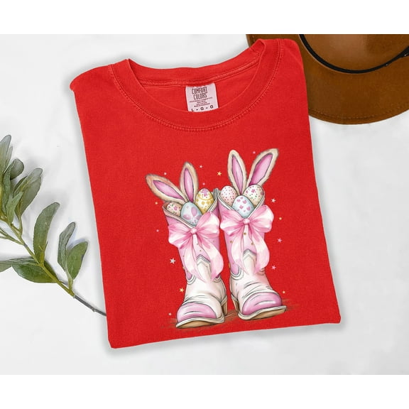 Moonlight Apparel Easter Bunny Boots Graphic T-Shirt for Women Pink Western Cowgirl Tee with Eggs & Bows Cute Spring Holiday Outfit Soft Cotton Top