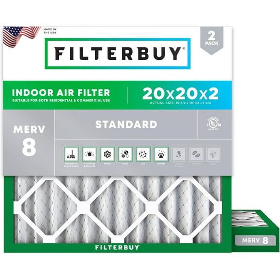 Filterbuy 20x20x2 MERV 8 Dust Defense, Pleated HVAC AC Furnace Air Filters (2-Pack)