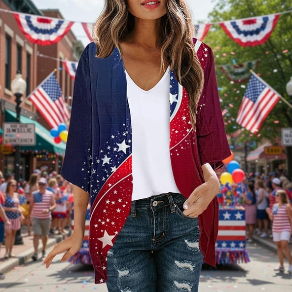 HOMBOM Womens Dusters Kimonos Beach Cardigan 3/4 Sleeve 4th of July Lightweight Flowy Cover Ups for Young Women Casual