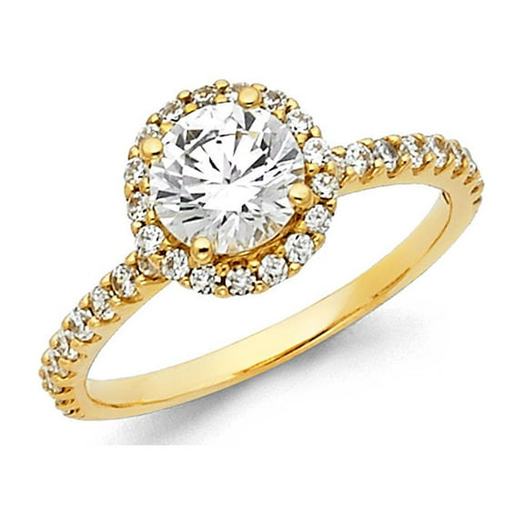 14k Yellow Gold Round Halo CZ Engagement Ring Anniversary CZ Band Bridal Pave Set Side Stones Size 7
