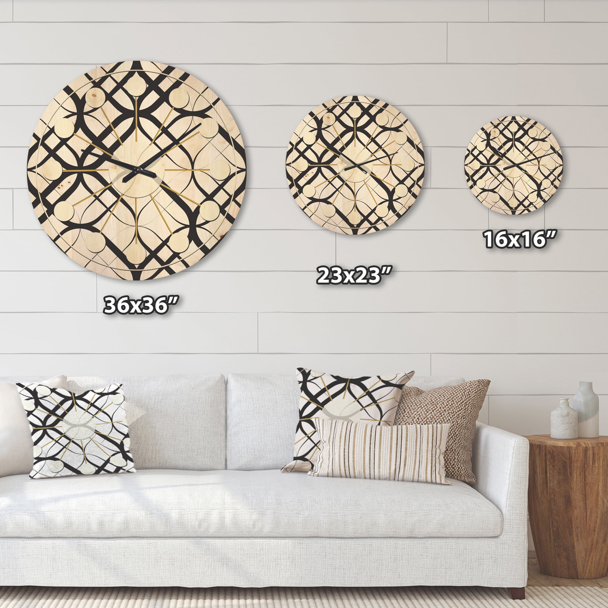 Designart 'Black and White Geometric Pattern III' Mid-Century Modern Wood Wall Clock