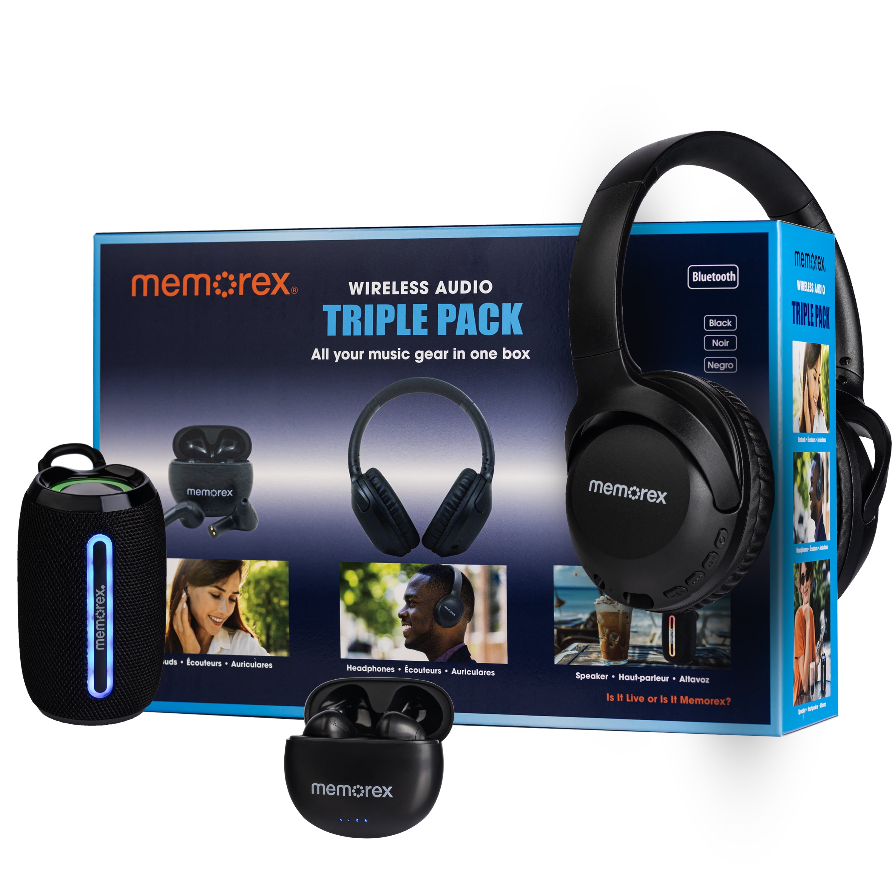Memorex 3-in-1 Wireless Audio Bundle – Bluetooth Headphones, True Wireless Earbuds & Portable Speaker, Bluetooth 5.1, Hands-Free Calling, Black