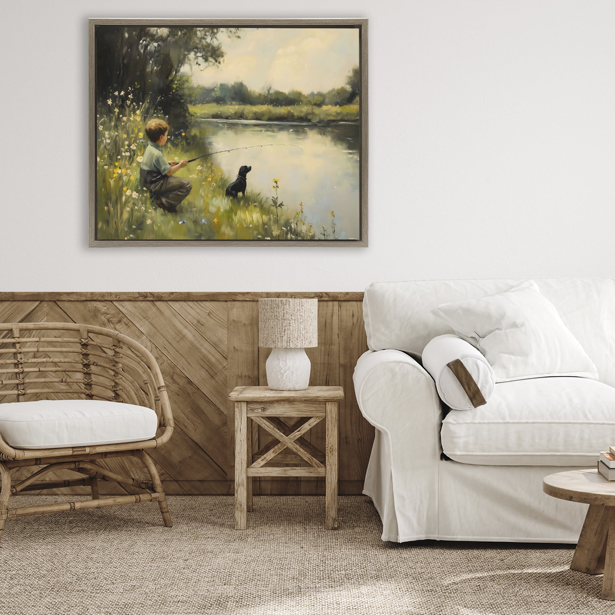 Boy & Puppy Fishing Brown Framed Floater Canvas Wall Art, design by Arlington Prints