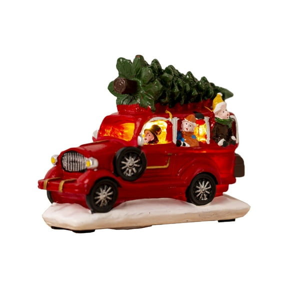 PatungKu Red Farm Truck with Christmas Tree Light Up Resin Car Decoration Farmhouse Vintage Pickup Trucks 2024 New Year Gift