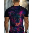 thumbnail image 2 of Men's Vivid Leopard Print T-Shirt - Fashionable Black Short Sleeve with Neon Blue and Pink Swirl Design, Comfortable Regular Fit for Casual Summer Wear, 2 of 5