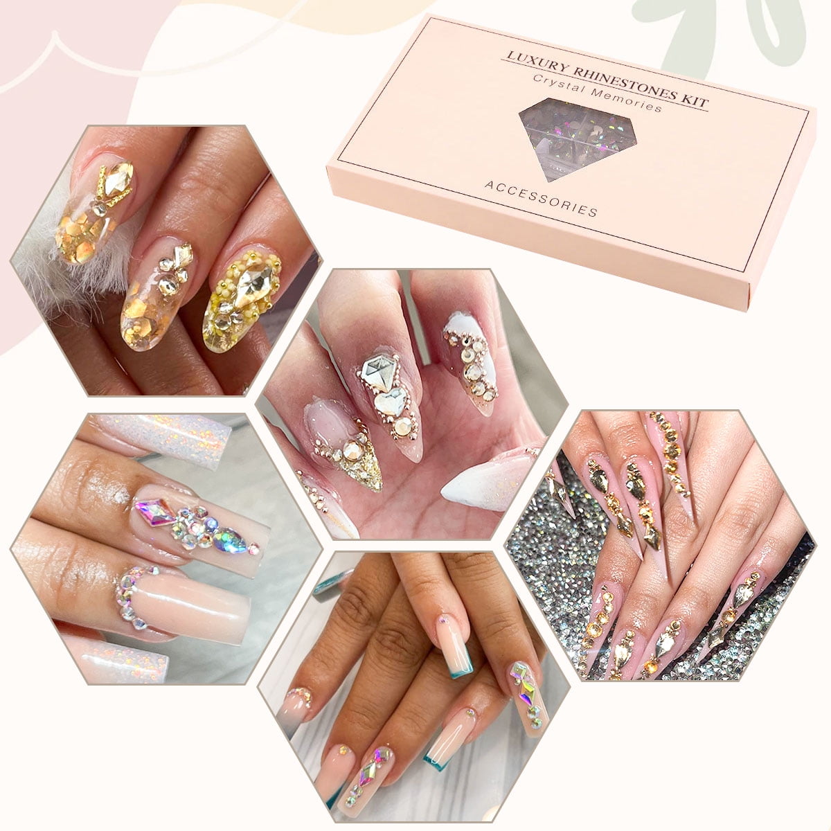 3D Nail Charms Gems Set, Nail Charms DIY Nail Art Supplies Accessories - 600 Special Shaped Crystals & 2500 Flat Bottomed Stones in 20 Styles + Drill Pen Included