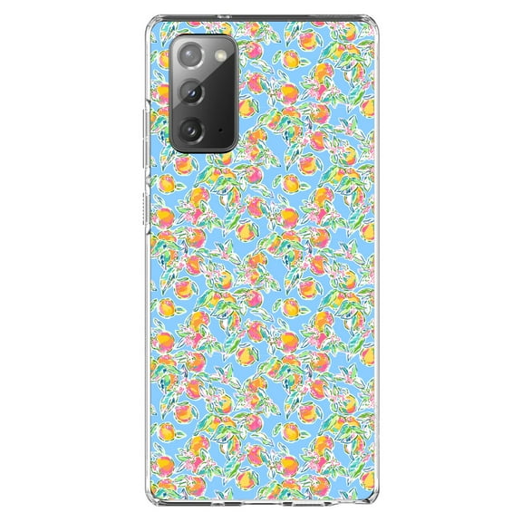 DistinctInk Clear Shockproof Hybrid Case for Galaxy Note 20 ULTRA (6.9" Screen) - TPU Bumper, Acrylic Back, Tempered Glass Screen Protector - Preppy Pattern - Orange & Blue Flowers Floral