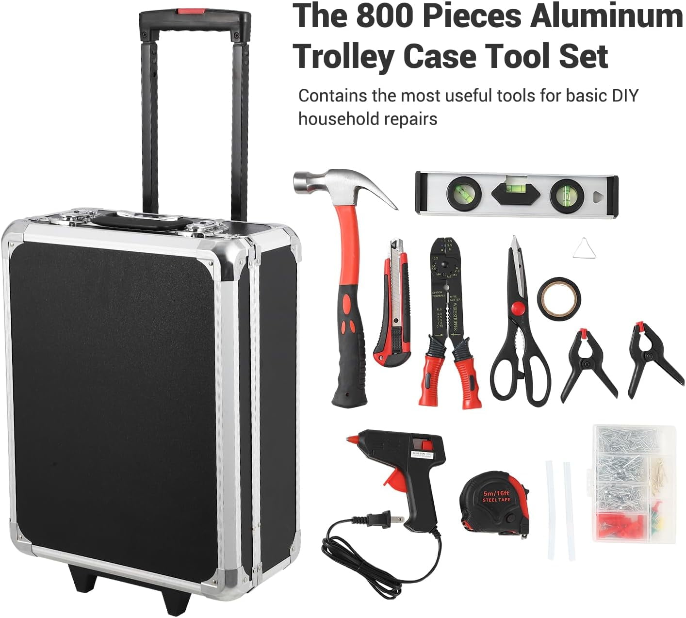 800 Piece Tool Kit Aluminum Trolley Case Tool Set, Socket Wrench Hand Tool Set Mechanic Rolling Tool Box, House Repair Kit Set, Household Hand Tool Set, with Tool Belt
