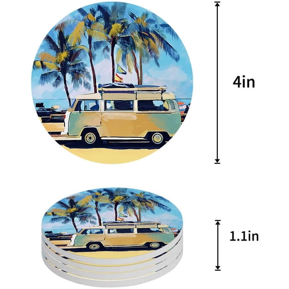 ZHANZZK Retro Tour Bus on Sandbeach with Palm Trees Set of 6 Round Coaster for Drinks, Absorbent Ceramic Stone Coasters Cup Mat with Cork Base for Home Kitchen Room Coffee Table Bar Decor