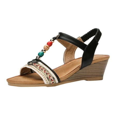 

NECHOLOGY Wedge Sandals Women Summer Rome Soft Midsole Fashion Color Beads String Flat Bottom Beach Arch Fit Sandals for Women Black 7